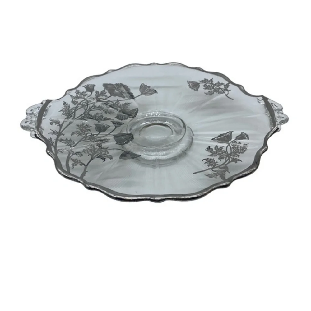 Vintage Silver City Glass Co. Floral Pattern Silver Pedestal Bon Bon Plate